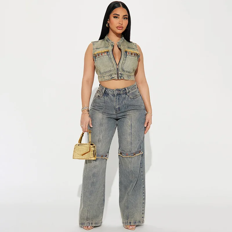 Jeans Women Long Pants Denim Pant Loose Casual High Waist Wide Leg Trousers Elegant Splice Solid Button Regular Summer