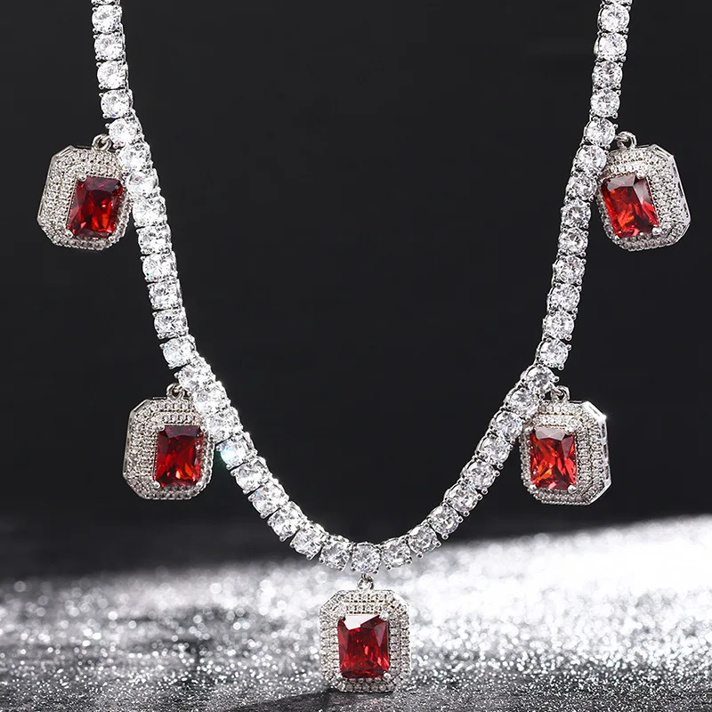 

European and American cross-border jewelry Amazon hot sale ruby pendant tennis chain necklace creative personalized hip-hop