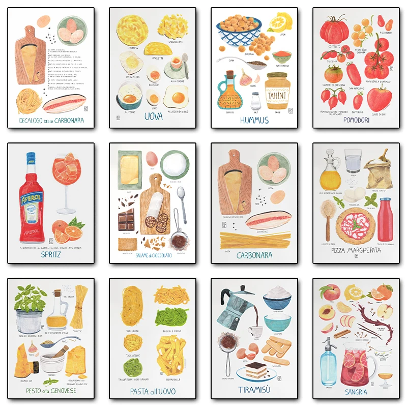 Carbonara Hummus Pizza comida receta carteles ilustrados lienzo impresión cuadro artístico de pared para cocina decoración de cocina regalos