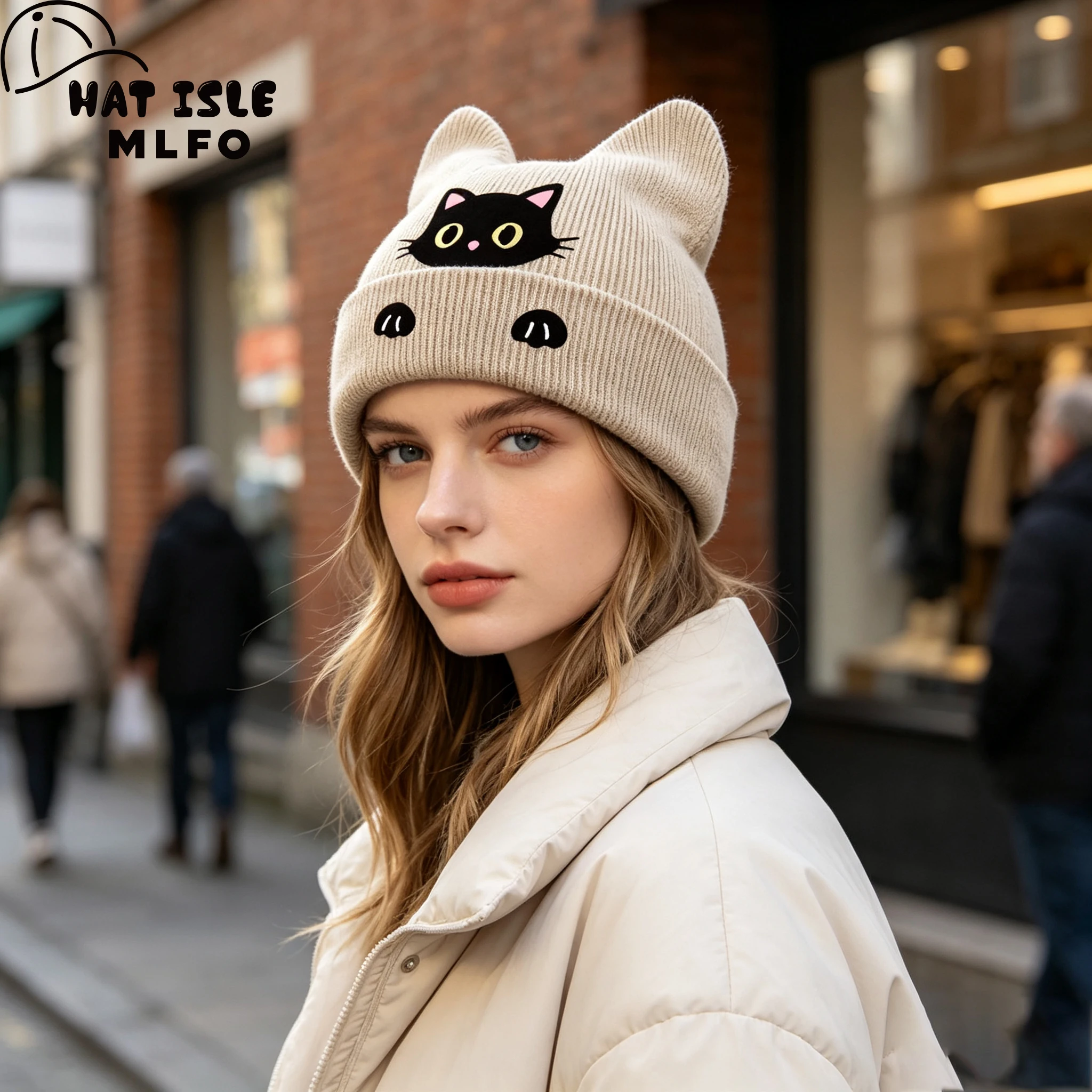 Lovely Cute Cat Ear Beanie, Black Cat Paw Graphic Print, For Daily Shopping Trip, Halloween & Holiday Casual Party