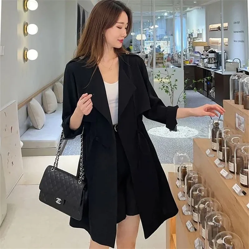 Autumn Windbreaker New Women\'s Thin Coat Korean Version 2023 Single-Layer Fashion Drawstring Slim Trench Coat Top with 3/4 Sleev