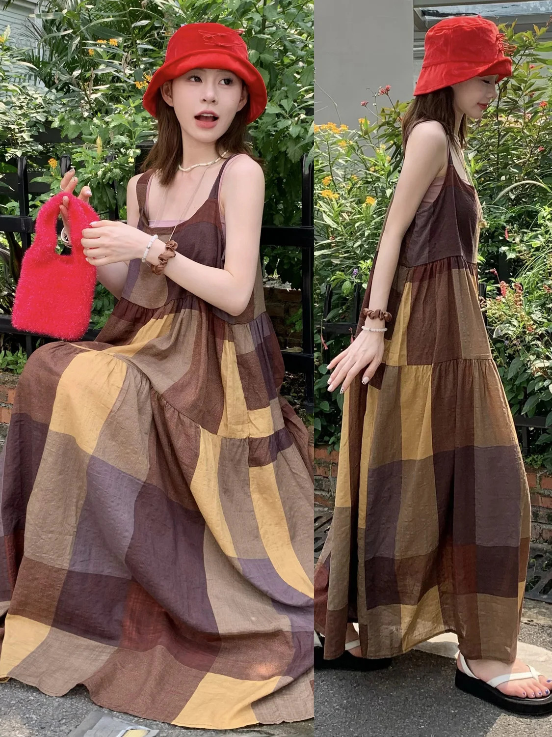 

Original MZ Vintage Plaid Maxi Dr Women Summer Loose Casual Lazy Sle Cotton Linen Skirt Large Swing Dr