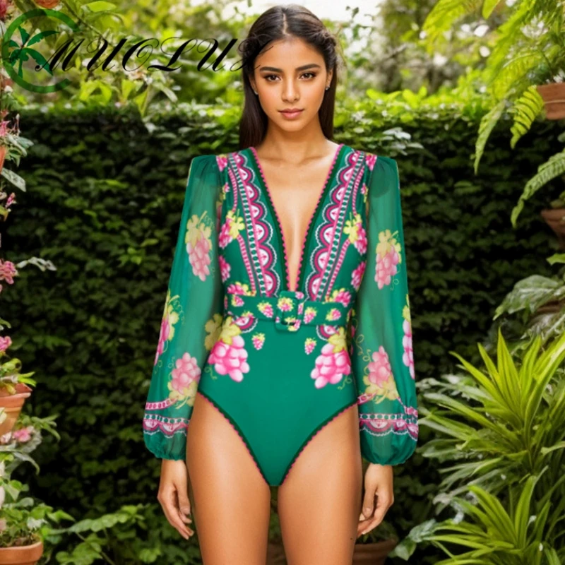 MUOLUX 2024 New Women's Deep V Long Sleeved Retro Printed One Piece Swimsuit Set Summer Beach Sexy Bikini Swimwear Long Dress