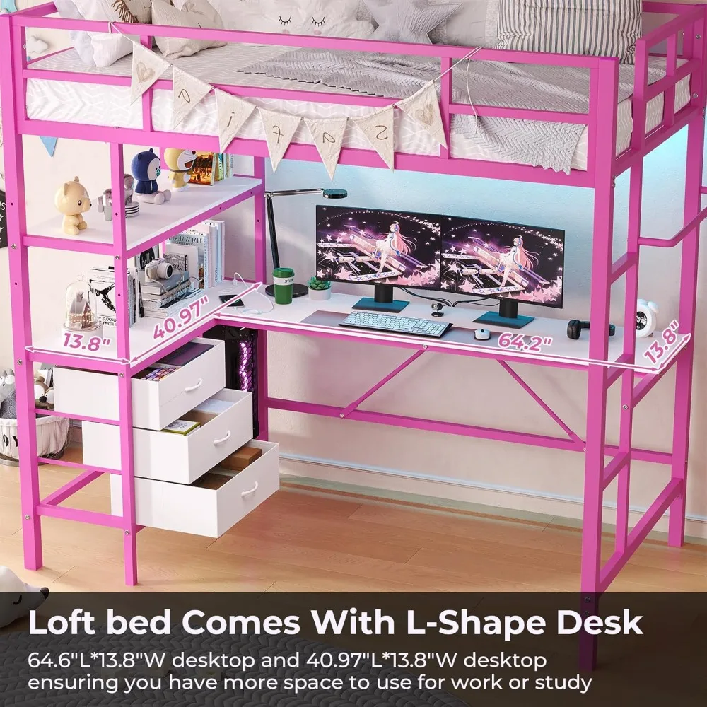 Pink Twin Loft Bed with L-Shaped Desk, LED Lights, Charging Station & Storage Shelves