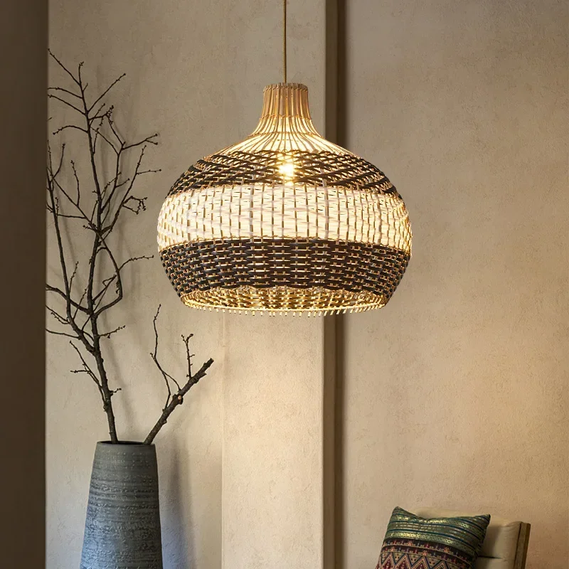 

Vintage Rattan Lampshade Chandelier E27 For Restaurant Bedroom Kitchen Creative Pendant Lamp Home Decor Indoor Lighting Fixture