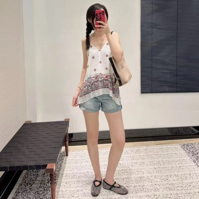 

2025 NEW Women's Silk Cotton Hawaiian Print Strappy Top - Adjustable Camisole for Summer