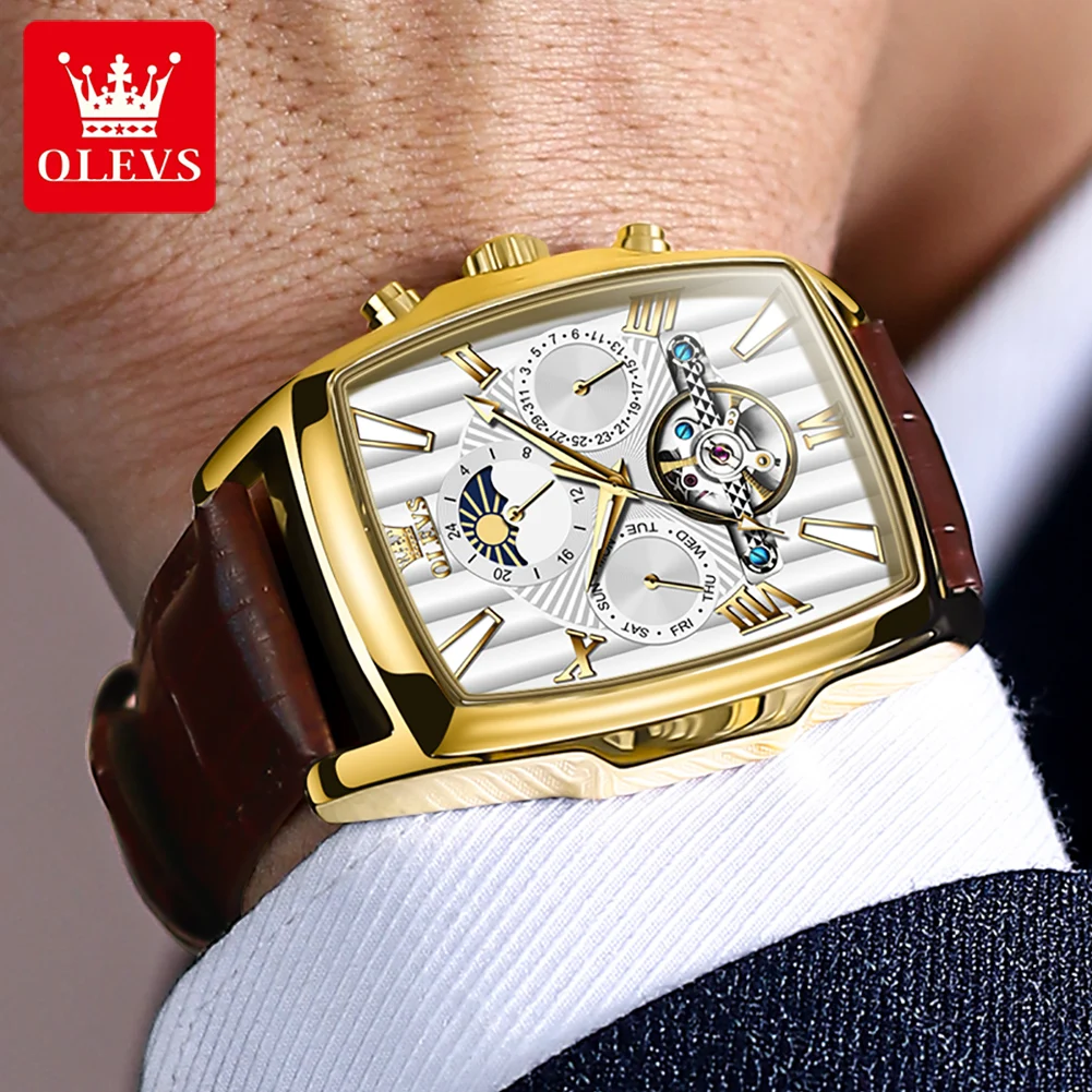 ساعة OLEVS 6675 للرجال بمينا مربع وهيكل عظمي وحزام جلدي مجوف مقاومة للماء ميكانيكية أوتوماتيكية