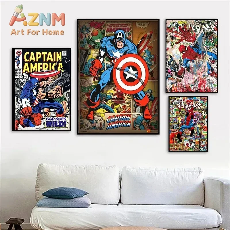 AZNM Vintage Marvel Comic Canvas Wall Art Frameless Poster Captain America Spider-Man Retro Comic Book Cover Print Room Decor