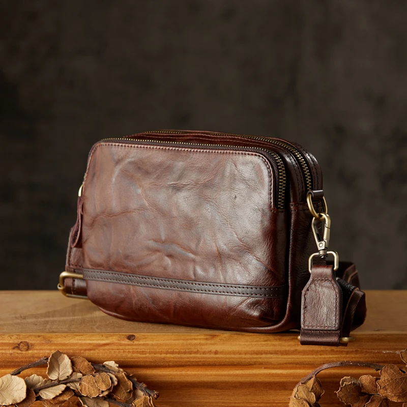 Handmade Genuine Leather Shoulder Bag Top Layer Cowhide Leather Cross body Sling Bag For Men Office Double Zipper Messenger Bag