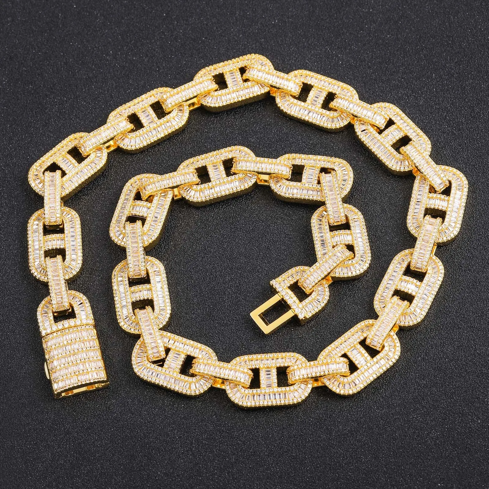 

15mm High Quality Baguette Cuban Chain Brass Iced Out Baguette CZ Cuban Link Chain Necklace Bracelet Hip Hop Jewelry Set