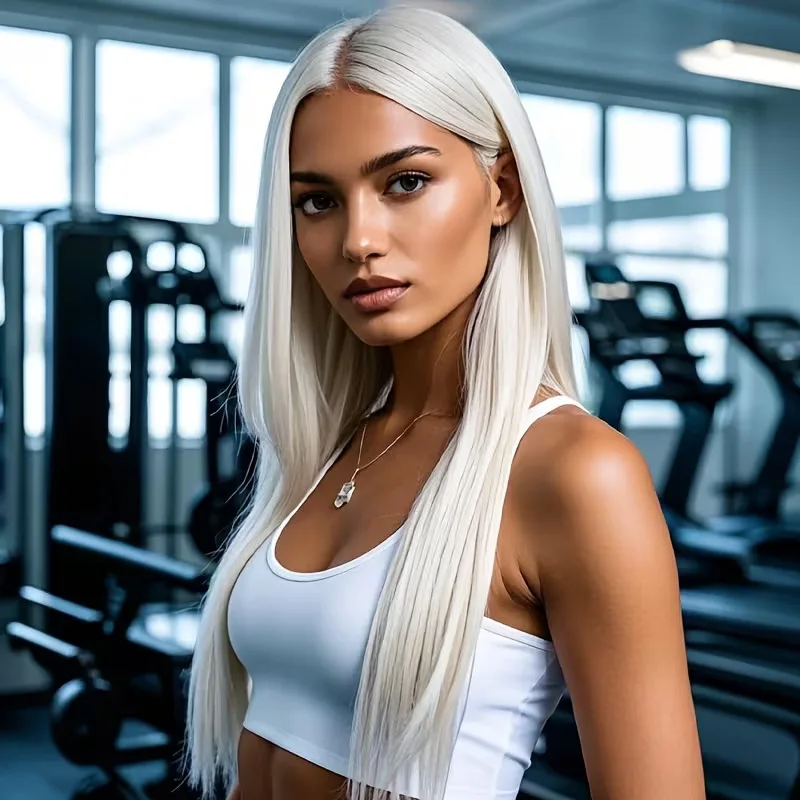 女性用の白いロングストレートウィッグ、ハイポニーテールやセンターパートのストレートヘアにスタイリング可能、海外貿易用合成繊維