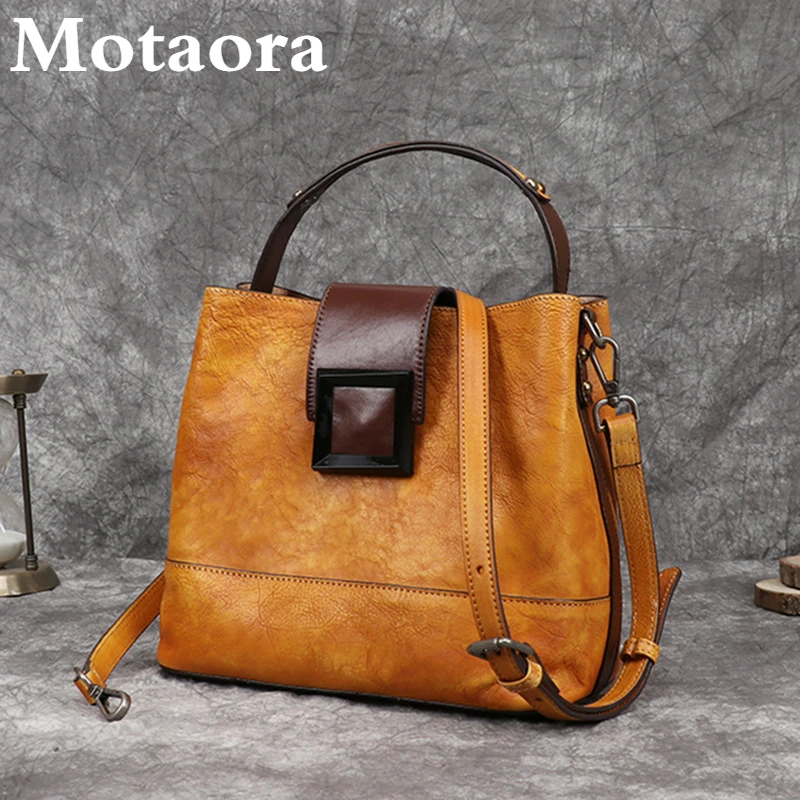 Motaora Women's Bag Retro Genuine Leather Shoulder Bags Handmade Women Bucket Bag First Layer Cowhide Top-handle Bags For Female