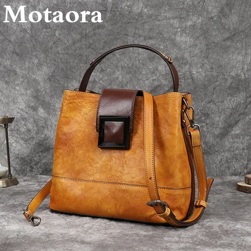 Imagen 2 del producto MOTAORA bolso de mujer Retro bandoleras de piel auténtica hecho a mano bolso de cubo para mujer primera capa de piel de vaca bolsos con asa superior para mujer