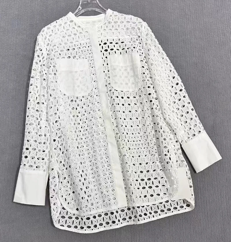 100%Cotton Long Shirts 2025 Spring Style Women Allover Hollow Out Embroidery Chest Pocket Patchwork Long Sleeve White Shirts