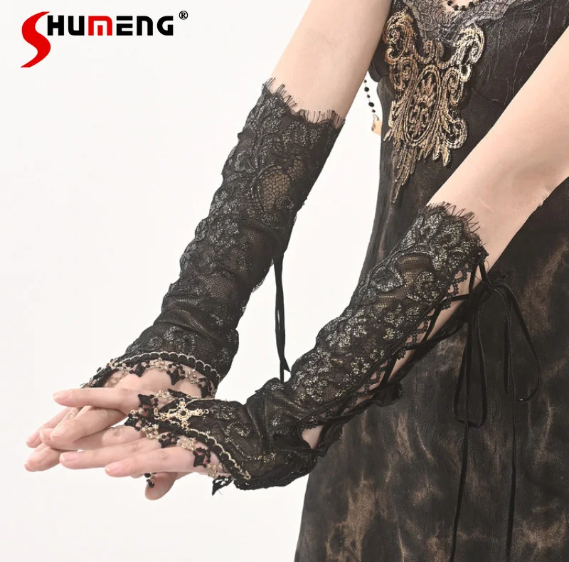 

Original Dark Goth Double Lace Strap Adjustable Cross Oversleeve Women Fashion Elegant Autumn New Arm Warmers Y2k Accessories