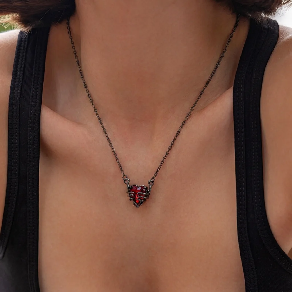 Gothic Barbed Wire Wrapped Red Heart Crystal Necklace, Black Metal Punk Dark Style Clavicle Chain for Women