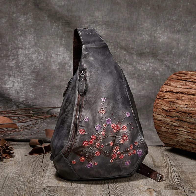 

Genuine Leather Chest Bag, Retro Handmade Polished Cowhide Shoulder Bag, Chinese Wind Pressure Flower Chest Bag