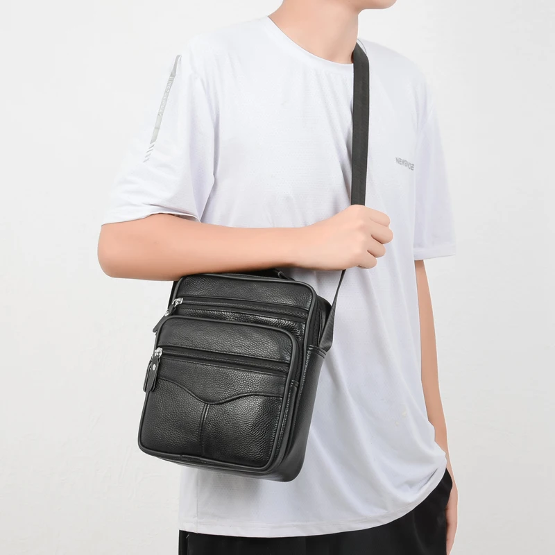 Bolso de piel auténtica para hombre, bandolera pequeña de negocios, a la moda, 2024