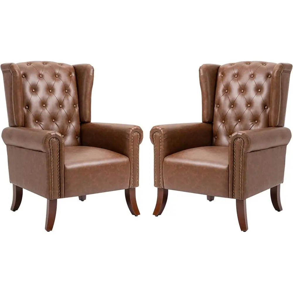 

2-Piece Living Room Chairs Set, Upholstered Faux Leather Accent Chairs, Club Armchairs with Solid Wooden Legs for Home Office Lo