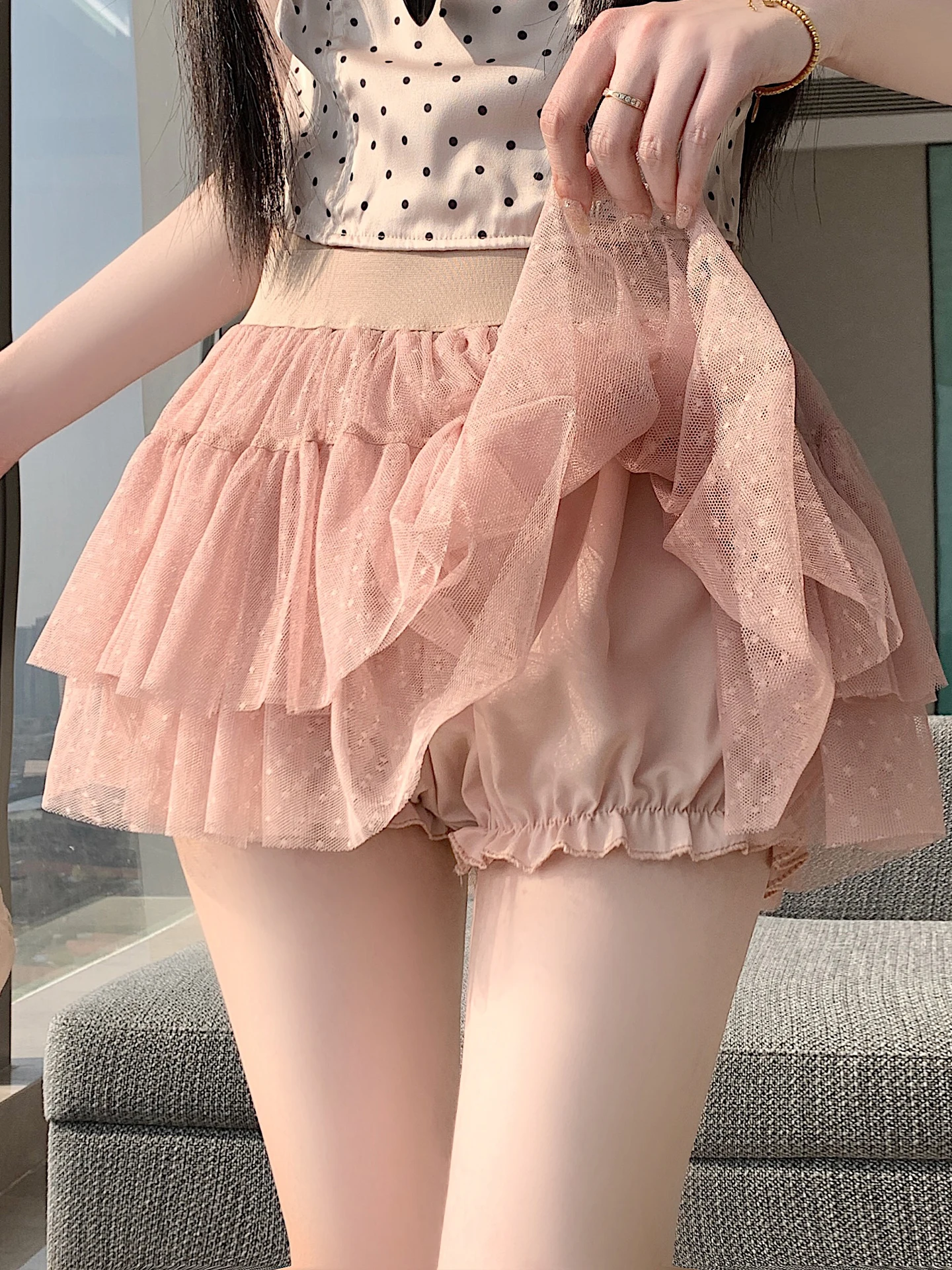 ピンクの水玉模様のメッシュハーフスカートふわふわ短いスカート女性の夏の純粋な欲望バレエスタイル-a-ラインふわふわケーキスカート
