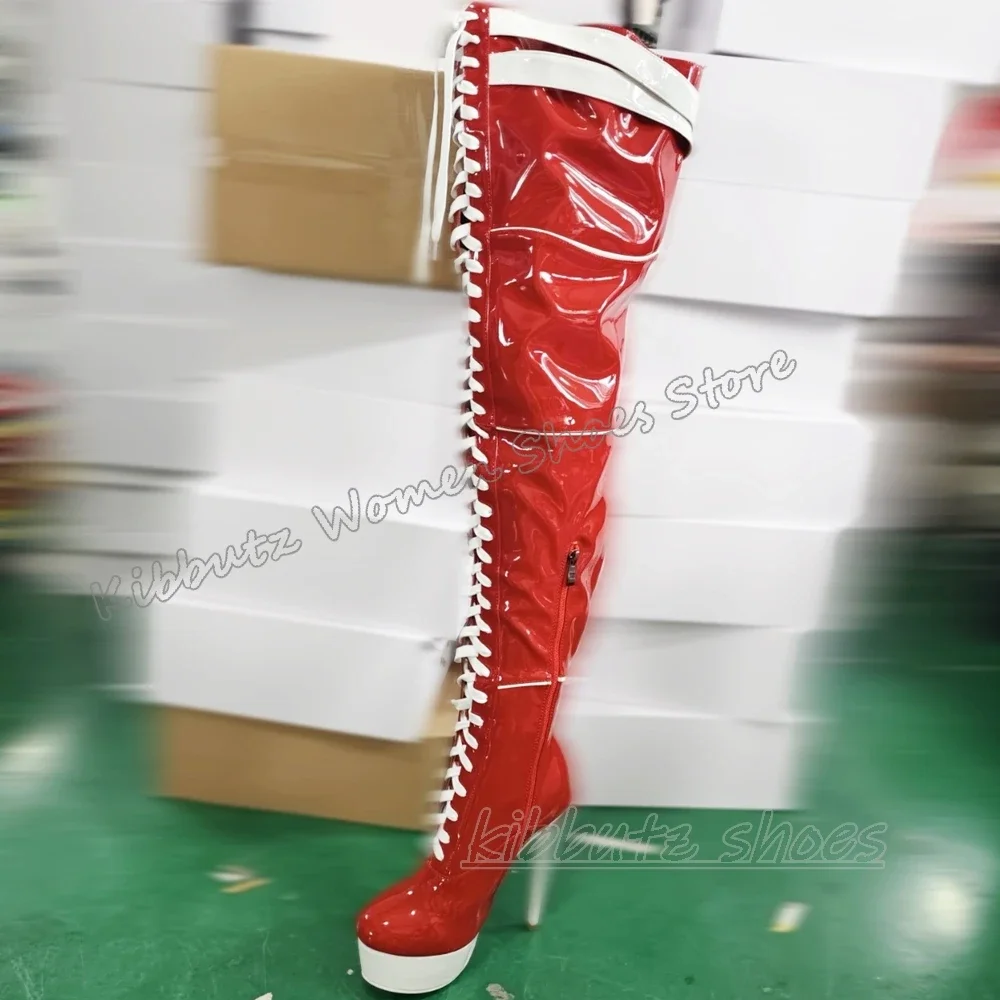

Lace-Up Over The Knee Boots Platform Zipper Round Toe Thin High Heels Sexy Fashion Luxury Elegant Concise Party Club Women Shoes