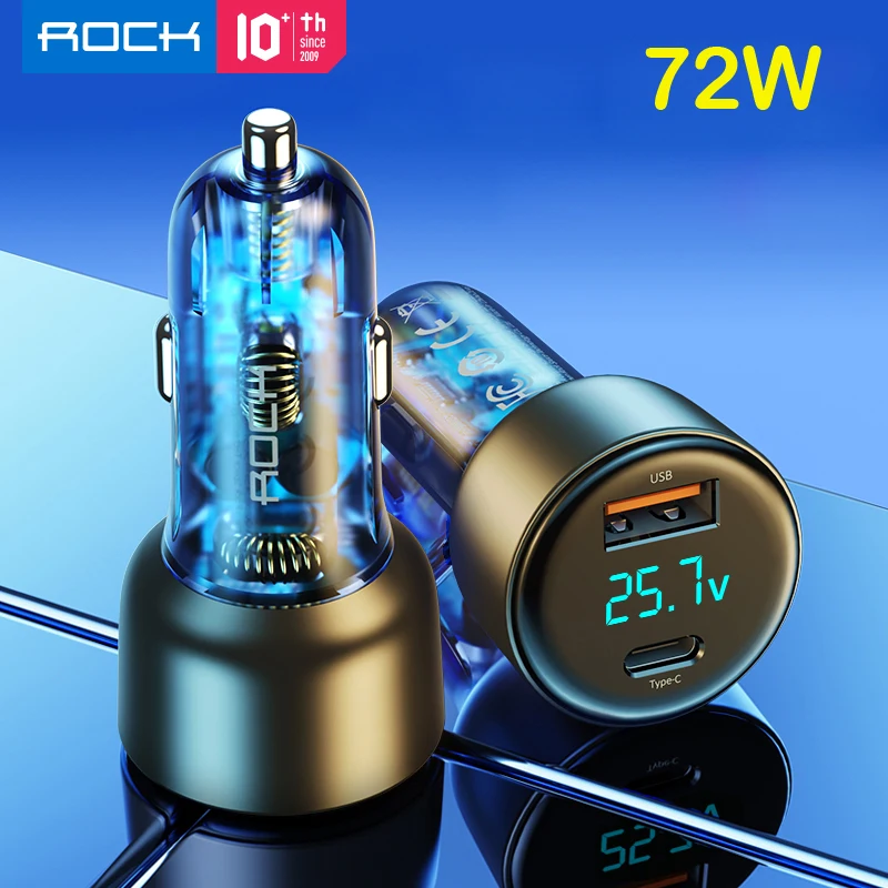 ROCK 72W Type C Car Charger QC PD Dual USB Fast Charging Car Adapter LED Voltage Monitor Translucent PC For Laptops Tablets