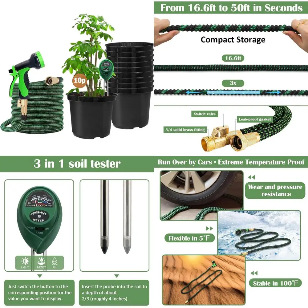 

10-Pack 5 Gallon Plant Pots + 50ft Hose with Spray Nozzle + 3-in-1 Soil Tester Kit for Gardening and Plant Care