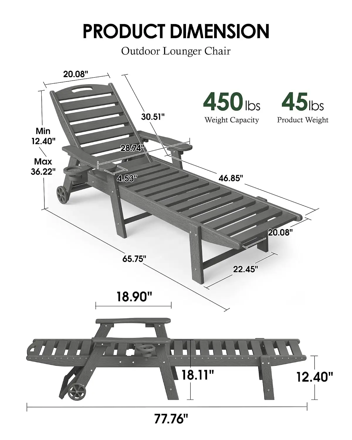 Chaise Lounge Outdoor Set of 4, Lounge Chair Outdoor with Wood Texture, Adjustable 5-Position Backrest, HDPE Lounge Chair