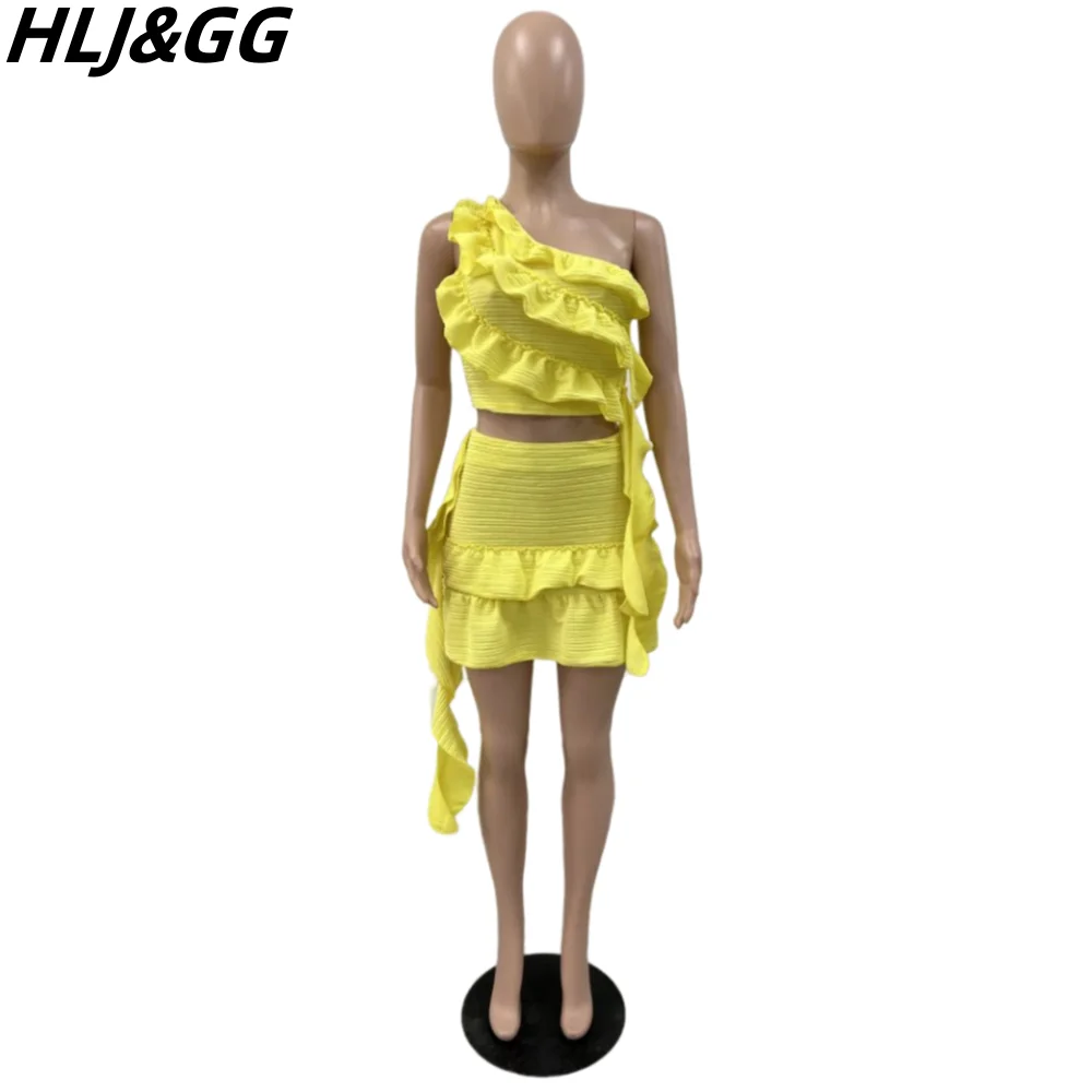 HLJ&GG Summer New Ruffle Design Irregular Mini Skirts Two Piece Sets Women One Shoulder Sleeveless Crop Top And Skirts Outfits