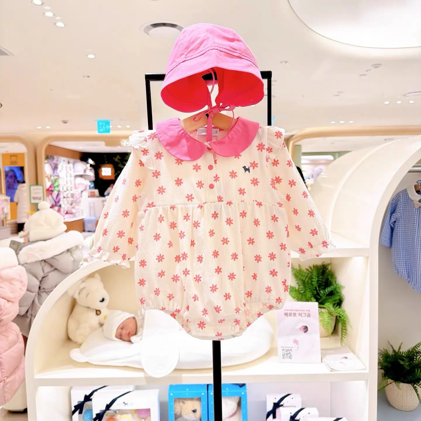 

2PCS Baby Floral Romper + Sun Hat Set Pink Peter Pan Collar Long Sleeve Bodysuit (Runs Small, Order One Size Up)