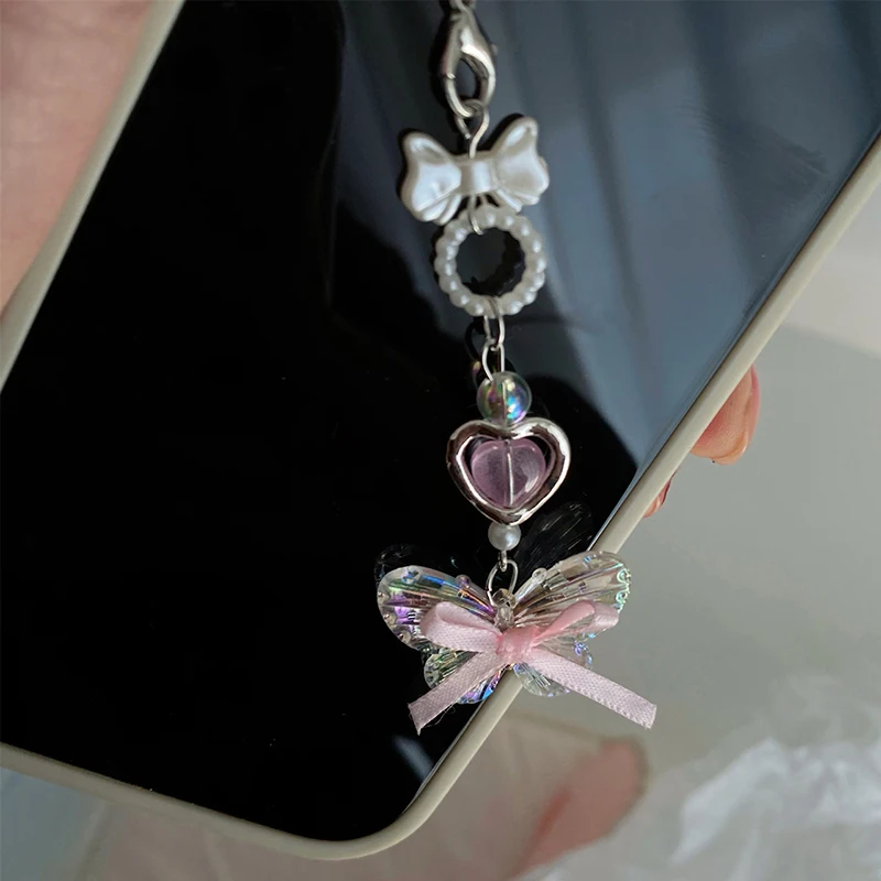 1pcs Korean Transparent Butterfly Phone Lanyard Girls Y2K Bow Heart Phone Chain For Girls Cute Sweet Mobile Phone Charm