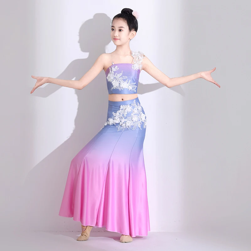 子供の Dai ダンス衣装フィッシュテールスカートパフォーマンス衣装女の子少数民族伝統的な孔雀ベリーダンス衣装衣装
