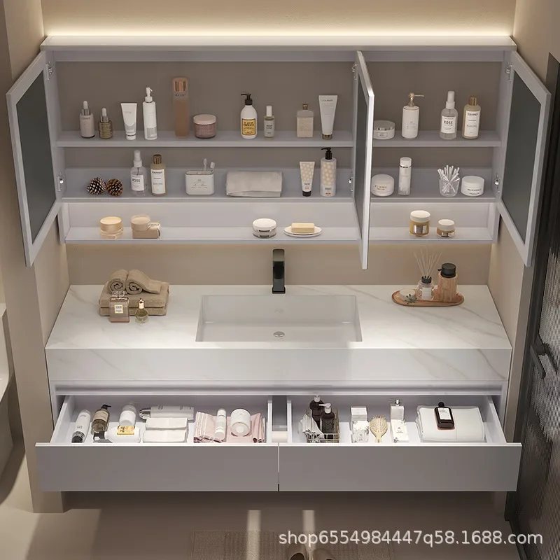 Luxury Bathroom Vanity Floating Cabinet Wall Mounted Bathroom Vanity Ceramic Basin and 2 Wooden Drawers Bathroom Storge Cabinet