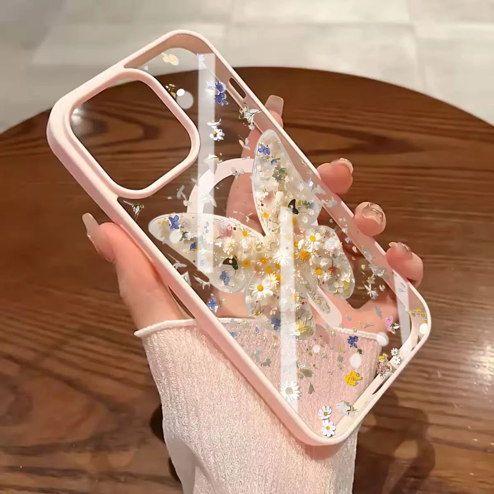 Niedliche Rosa Schmetterling Transparente Hülle für iPhone 17 16 11 15 14 Pro Max 13 12 Plus Hüllen für Magsafe Kabelloses Laden Luxus-Schutzhülle – Detail 11