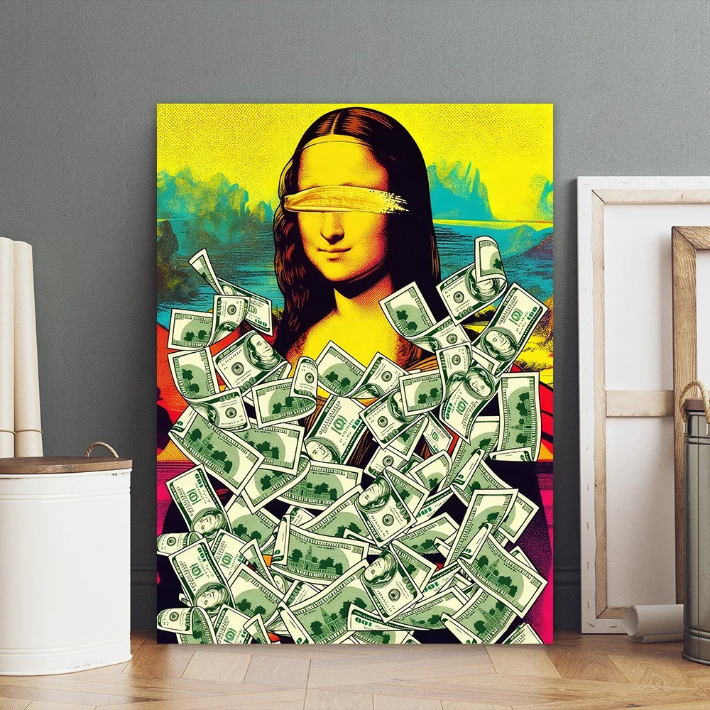 (No frame)Funny Money Wall Art Prints Mona Lisa And Money Poster 100 Dollar Bill Wall Decor Money Successful Art Office Canva