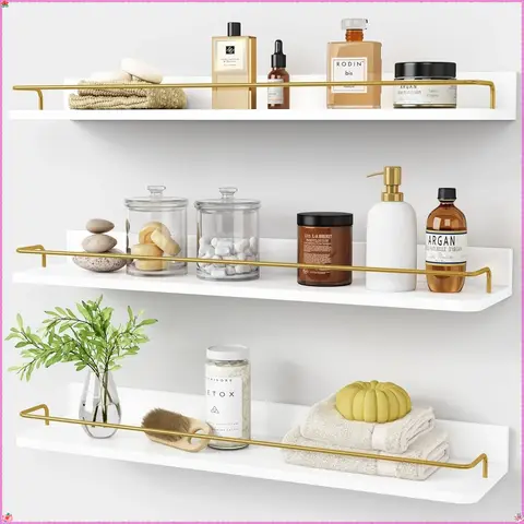 24 Inch Gold Floating Shelves Set of 3, Wall Mounted Over Toilet with Rail, Modern Bathroom Storage Shelves for Small Spaces