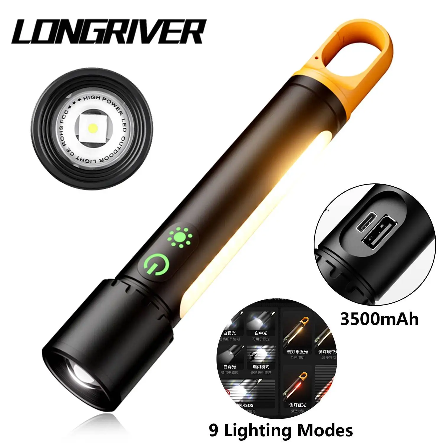 

LONGRIVER BL-X725 Portable Light LED Flashlight 8 Modes, Zoom, With Side Light, Tail Hook, USB Charging Outdoor Lighting Tools