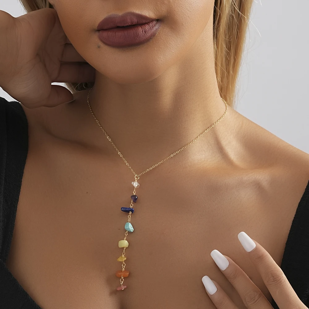 Colorful Irregular Natural Stone Pendant Necklace For Women Simple Versatile Ladies Banquet Party Necklace 2023 Fashion Jewelry