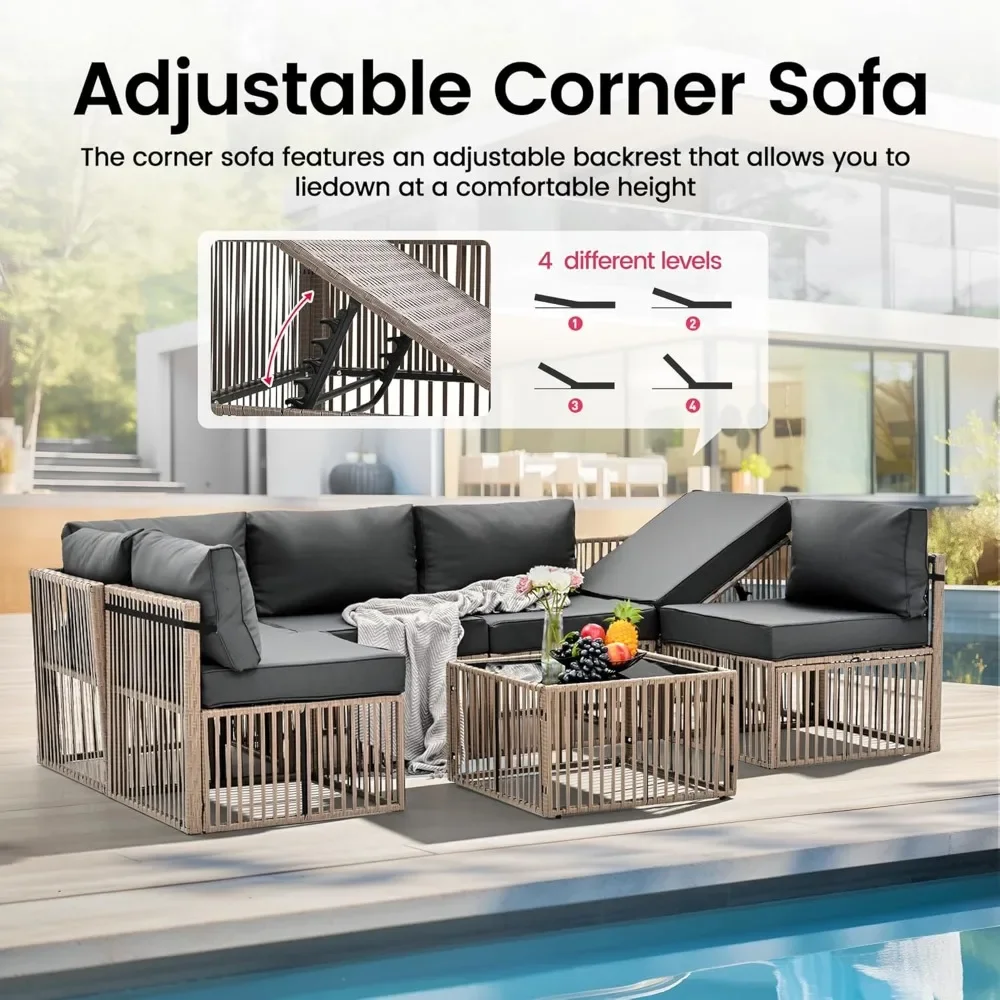 Outdoor Wicker ajustável Mobília do pátio Set, All-Weather PE Rattan Combinação Set, 7 Pcs