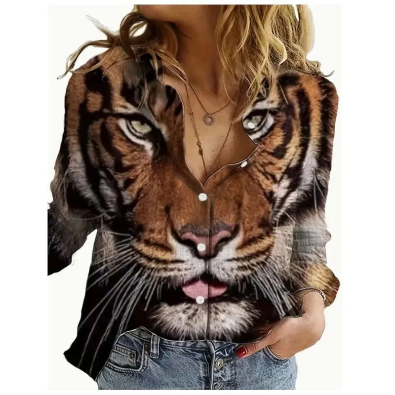 New elegant women's shirt button fashion street tiger print pattern comfortable casual style women's commuting long sleevedshirt