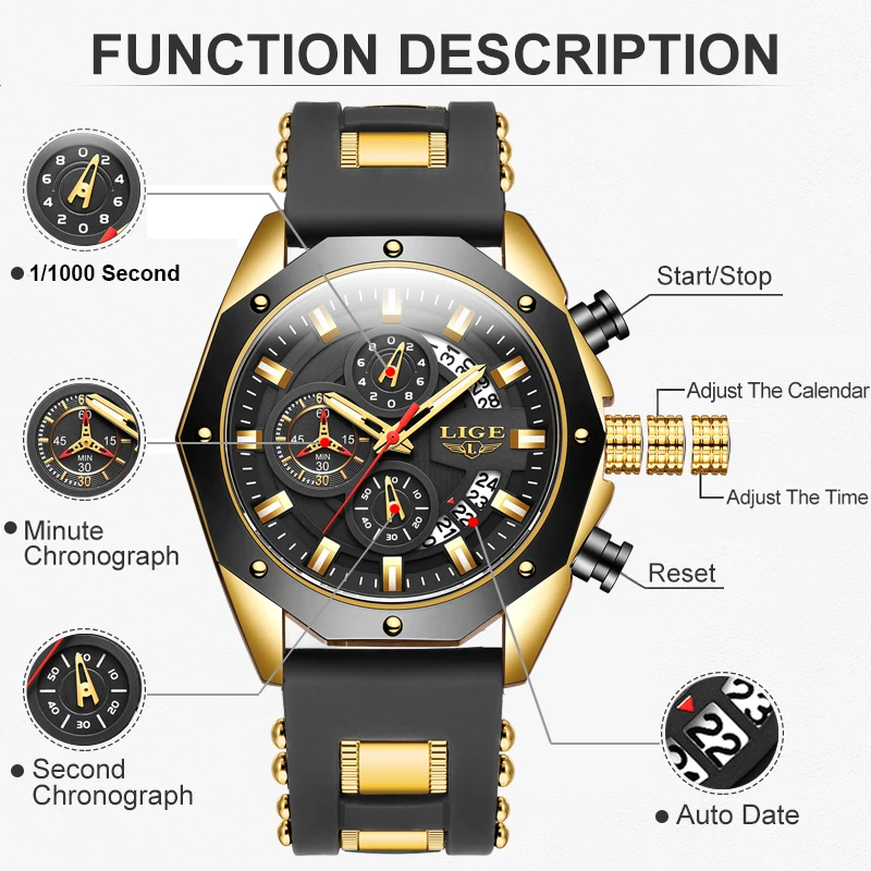 LIGE Waterproof Watch Men Fashion Military Sports Men\'s Quartz Wristwatches Top Brand Luxury Silicone Chronograph Reloj Hombre