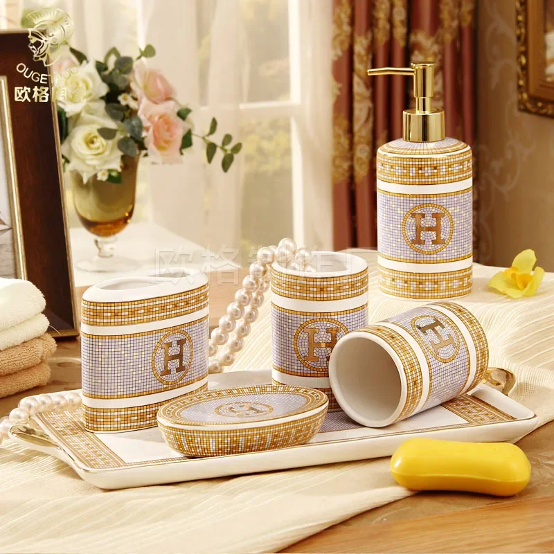 

Высококачественный керамический набор из пяти предметов для ванной комнаты в европейском стиле, набор туалетных принадлежностей, туалетных принадлежностей и набор чашек для полоскания рта, корейский стиль