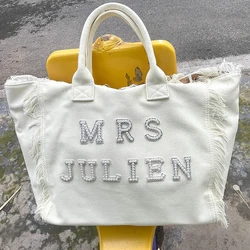 Personalized Custom Mrs tote Bag Bridal Shower beach boho Wedding engagement Bachelorette hen Party Honeymoon Bride to be Gift