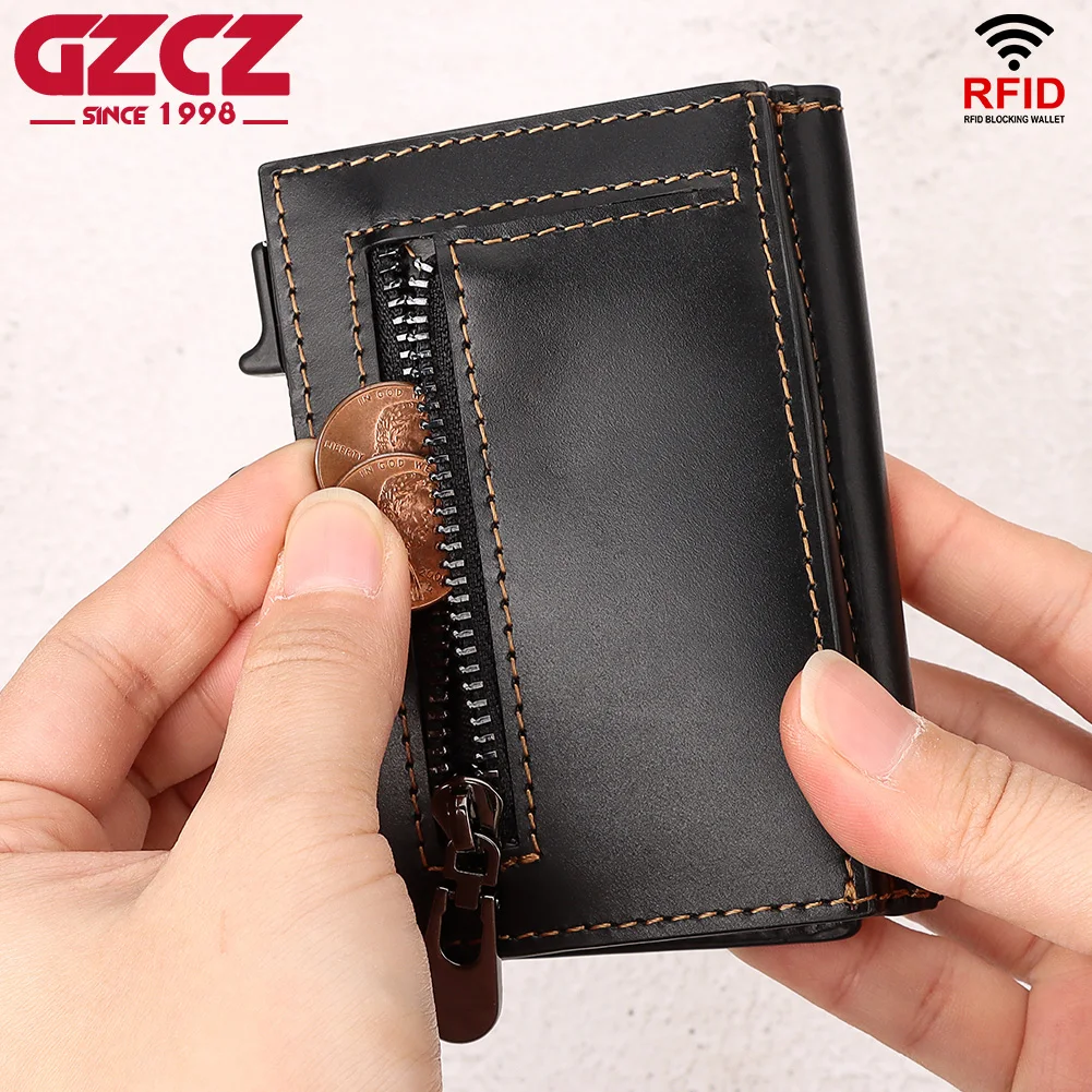 Кожаный мужской кошелек Crazy Horse для Airtag, роскошный тонкий RFID-держатель для карт с автоматическим разрешением, минималистичный всплывающий слайд-держатель для карт