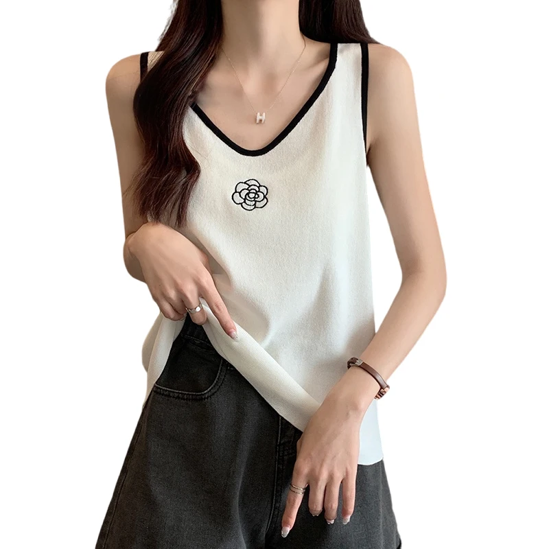 Summer New Flower Sweater Vest Women V-neck Casual Sleeveless Twist Knit Top Bottoming Waistcoat All-match Loose Pullovers