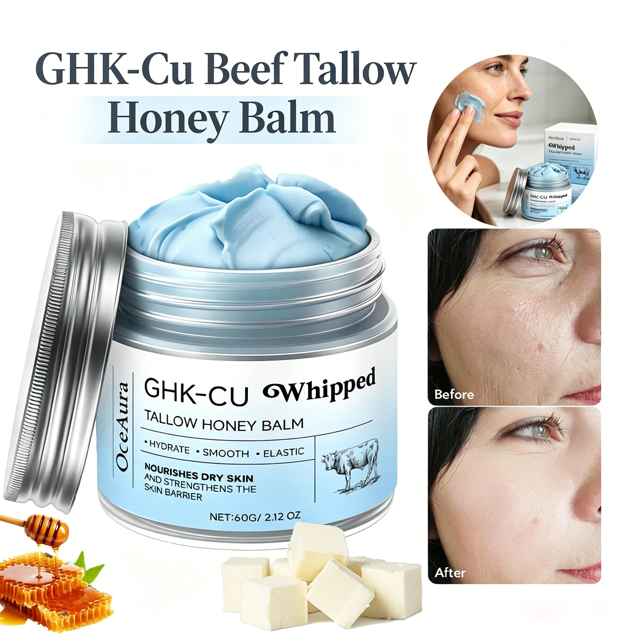 Bálsamo de Sebo de Carne Bovina GHK-Cu com Mel para Rosto e Corpo, Hidratação Profunda, Reparação de Pele Seca, Clareamento Natural da Pele, Creme de Sebo e Mel Batido