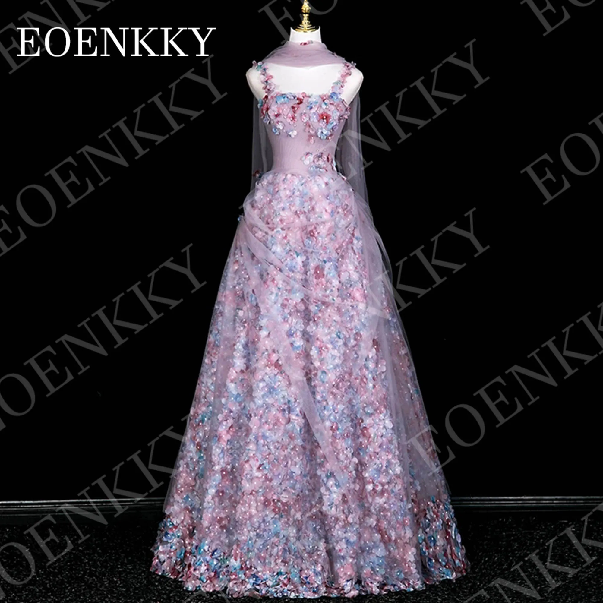 

EOENKKY Fairy A Line Prom Dress Elegant Colorful 3D Flowers Evening Spaghetti Straps Tulle Party Dresses Customized Floor Length