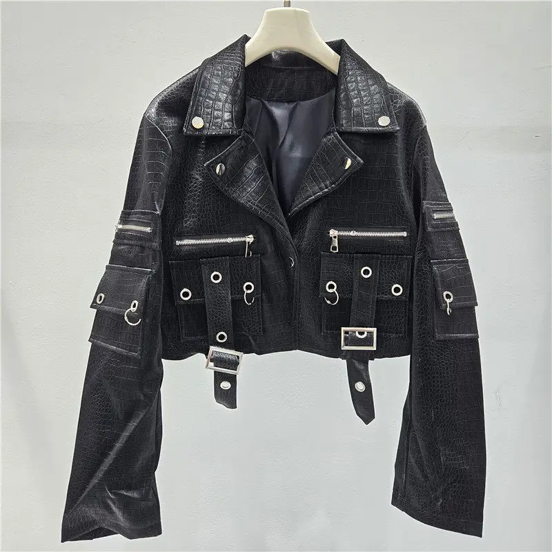 

Red Black Short Faux Pu Leather Jacket Spring Autumn Women Coat Multi-Zipper Lapel Long Sleeve Biker Jacket Streetwear Female