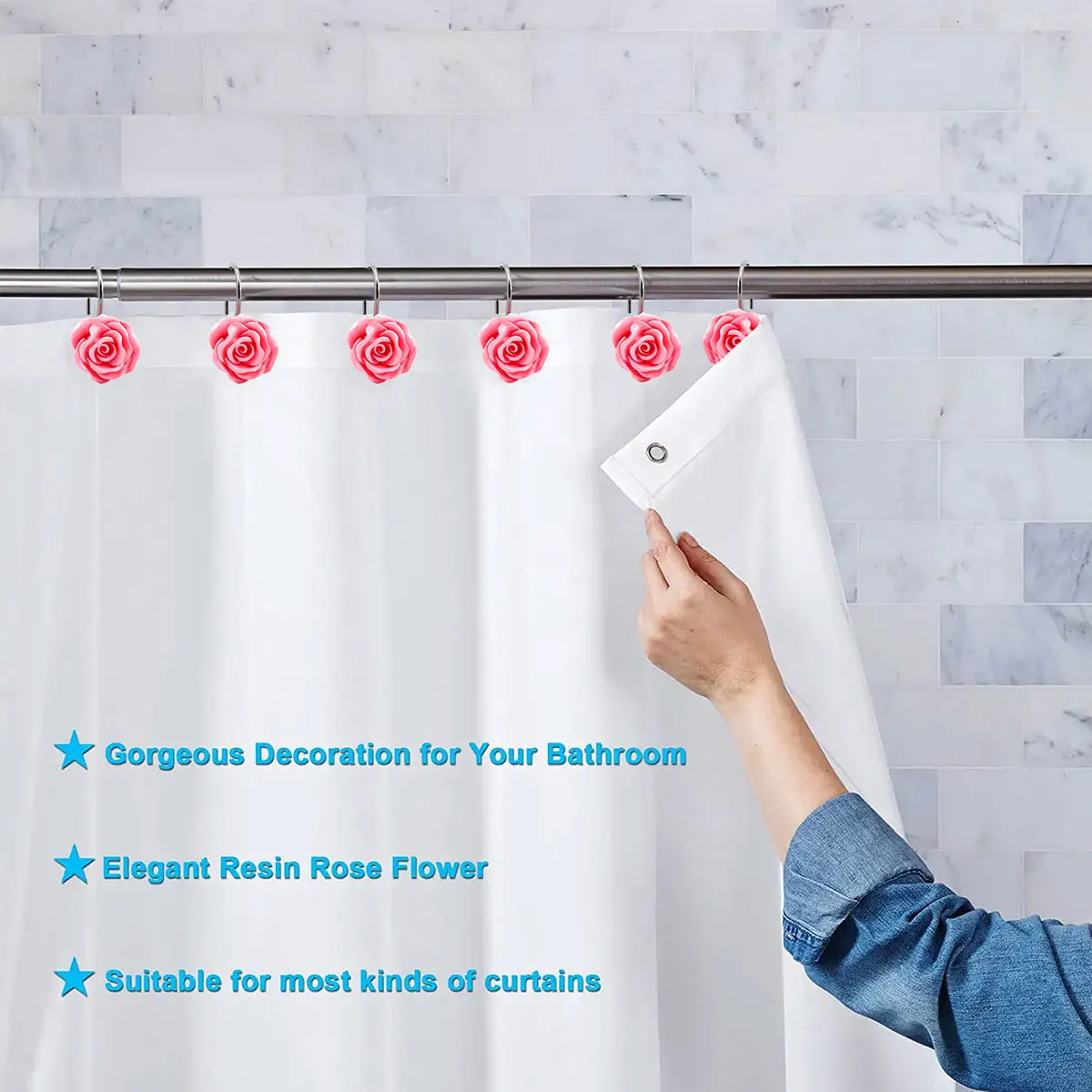 12Pcs Shower Curtain Hooks Resin Rose Flower Shower Hooks Decorative Hooks Rings for Bathroom Baby Room Bedroom Living Room