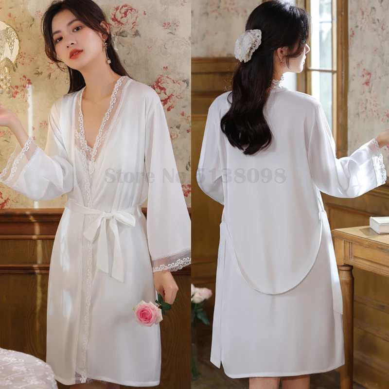 

Women's Robe Set White Satin Long Sleeved Bathrobe Suspender Nightdress Ice Silk Palace Style Sleepwear Home Clothes Nightwear